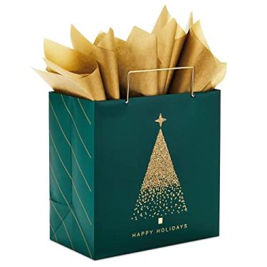 Imagem de Hallmark Bolsa de presente de Natal premium com letras de Happy Holidays com papel de seda e alças de metal, médio, verde caçador, dourado