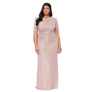 Imagem de Betsy & Adam Vestido feminino plus size longo metálico elástico gola drapeada nas costas, Champanhe, 50