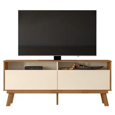 Imagem de Rack Bancada Olinda, Móvel para TV até 65 Polegadas, 160cm, Madeira e Branco (AMÊNDOA/PÉROLA METALIZADO)