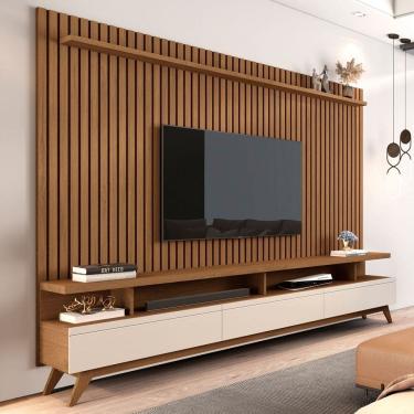 Imagem de Rack com Painel para TV 72 Polegadas Vivare 3 Gavetas Ripado Freijó/Off White - Giga Móveis