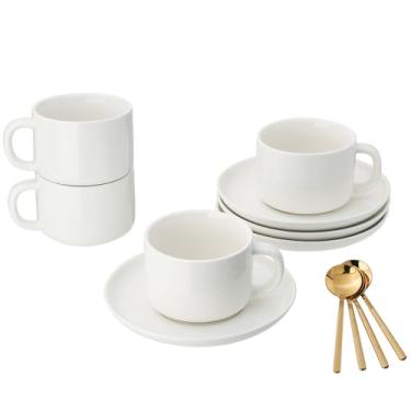 Imagem de CHILDIKE Conjunto de 4 xícaras de café e pires com colheres de aço inoxidável, conjunto de copos de cappuccino de cerâmica de 227 g, copos de porcelana duráveis brancos para chá, expresso, latte