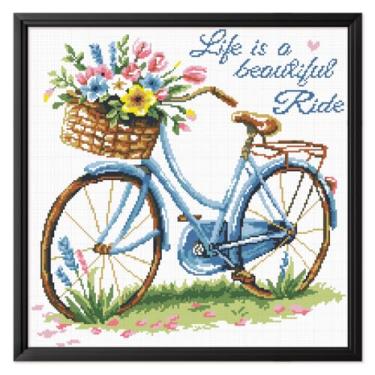 Imagem de FREEBLOSS Kit de ponto cruz estampado de 11 CT para adultos iniciantes com instruções kit de ponto cruz com padrão de bicicleta e flor, bordado, decoração de arte de parede, sem moldura, 45,7 x 45,7