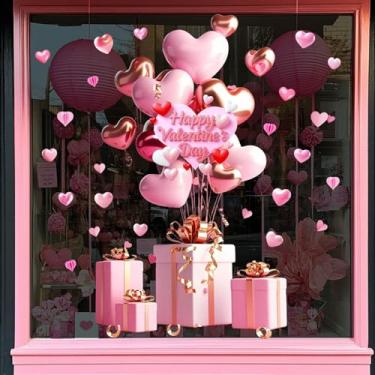 Imagem de Adesivos de janela de dia dos namorados rosa com design de presente de balão de coração adesivos de janela dupla face reutilizáveis decalques de janela de inverno para casa vidro escola festa feriado