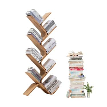 Imagem de Prateleira de livros de bambu para chão, estante de livros de árvore alta moderna, estante de canto pequena organizadora estreita para quarto, sala de estar, escritório em casa