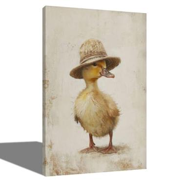 Imagem de Fchen art Arte em tela peculiar de pato amarelo com chapéu de palha - Decoração de parede de animal abstrato fofo para sala de estar/hotel/quarto - Impressão serena de berçário e quarto de crianças