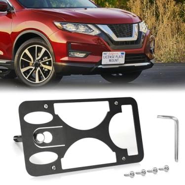 Imagem de Moldura frontal sem broca compatível com Nissan Rogue | 2014-2022 Suporte de gancho de reboque para placa de carro antifurto Capas de etiqueta de carro à prova de ferrugem, acessórios de carro à prova
