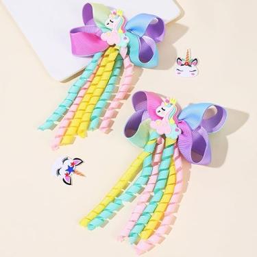 Imagem de 2 peças de laços de cabelo para meninas, arco-íris unicórnio gorgorão clipe laço com clipes jacaré acessórios de cabelo para meninas