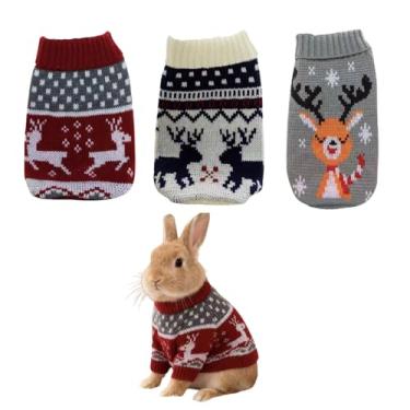Imagem de 3 peças, roupas de coelho, suéter de tricô, fantasia de Natal para inverno, colete quente, suéter de festa, adequado para coelhos, furões, porquinhos-da-índia, chinchilas e outros animais pequenos