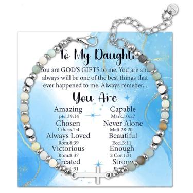 Imagem de OEHEDOU Pulseira de cruz para meninas, mulheres, presentes de aniversário para mãe, pai, Natal, Dia dos Namorados, presente cristão para meninas adolescentes e minhas filhas