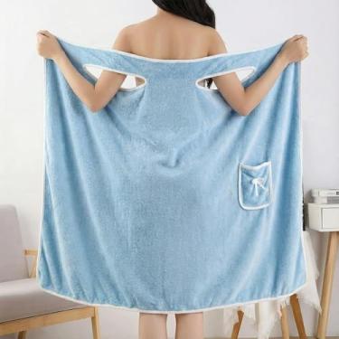 Imagem de Toalha de banho vestível para mulheres - Envoltório de toalha com alças, roupão felpudo com ombros de fora para praia, chuveiro, spa, piscina e lounge, Azul, tamanho �nico