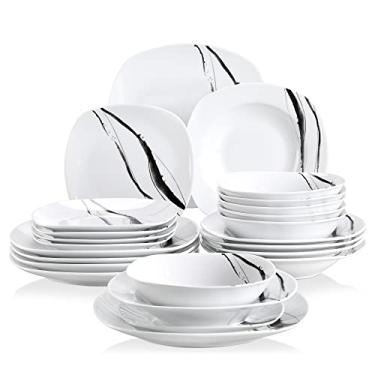 Imagem de VEWEET Conjuntos de pratos de jantar de cerâmica, 24 peças, padrões de linha, conjuntos de pratos quadrados com prato de jantar, prato de sopa, prato de sobremesa, tigela, serviço para 6 (série TERESA)