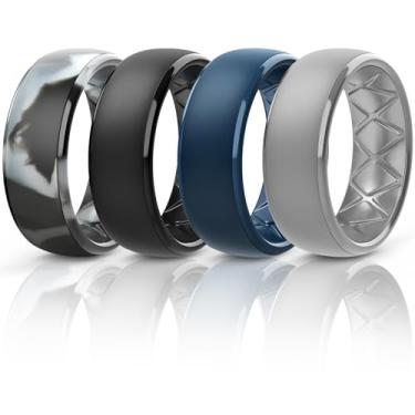 Imagem de Egnaro Anéis de casamento masculinos de silicone: 1/4/6/7 multipack de alianças de casamento de borracha com arco interno design ergonômico respirável para academia/exterior/presente, 7(17.3mm