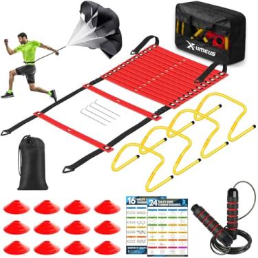 Imagem de Kit de treinamento de velocidade e agilidade X-UMEUS, com escada de 6 metros, 12 cones, 4 barreiras, corda de pular, paraquedas de corrida, treino de futebol, basquete para crianças, jovens e adultos