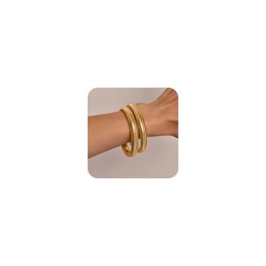 Imagem de Poxtex Conjunto de pulseiras de ouro para mulheres, pulseiras elásticas grossas de aço inoxidável banhado a ouro 14K, pulseira flexível de corrente de elos largos para mulheres, 3 joias presentes,