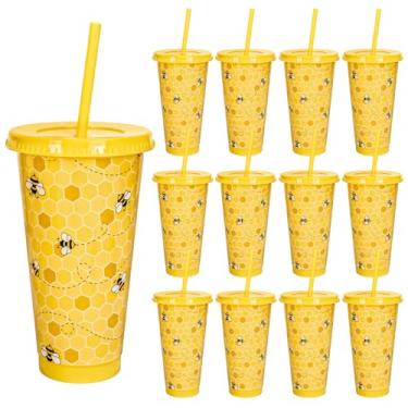 Imagem de FYSUIMU 12 peças de copos de festa de abelha com tampas canudos, copos de plástico favo de mel amarelo reutilizável garrafa de água para café gelado, bebidas e viagens de verão, 680 g
