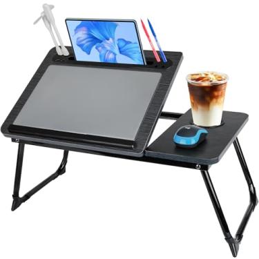 Imagem de Mesa de mesa para laptop, mesa de colo ajustável, mesa pequena para laptop com porta de carregamento USB, compartimento para cartão e caneta, suporte para copos, bandeja de cama dobrável para sofá