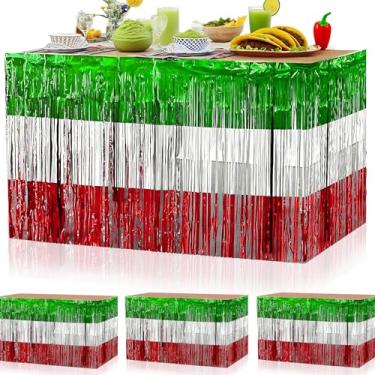 Imagem de 4 peças de decorações de saia de mesa do México, vermelho, branco, verde, dia da independência mexicana, folha metálica, franjas e tinsel, decorações Viva México para aniversário Dia De La