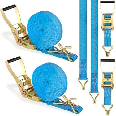 Imagem de Pacote com 2 correias de catraca resistentes, 5 cm, 32 m, catraca de amarrar, catraca com gancho duplo J, alça de carga de força de ruptura de 1,814 kg para movimento, reboques, motocicletas e teto de