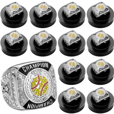 Imagem de Landical 12 anéis de campeão de softball, anéis de troféu de campeonato de softball, presente de prêmio de jogos de bola esportiva com corrente de pescoço e suporte para vencedor de torneio ou campeão