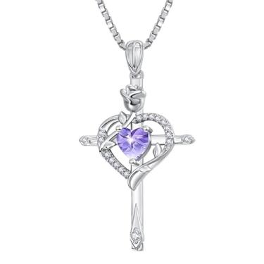 Imagem de CupidGift Colar de cruz para mulheres, banhado a ouro 14 K, banhado a ouro 18K, delicado coração, pedra do mês de nascimento, rosa, joias diárias, batismo, fé, aniversário, Natal, presentes de