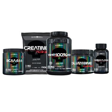 Imagem de Combo Whey + Creatina + Termogênico + Glutamina + BCAA  - Black Skull Combo Whey + Creatina + Termogênico + Glutamina + BCAA (Baunilha)