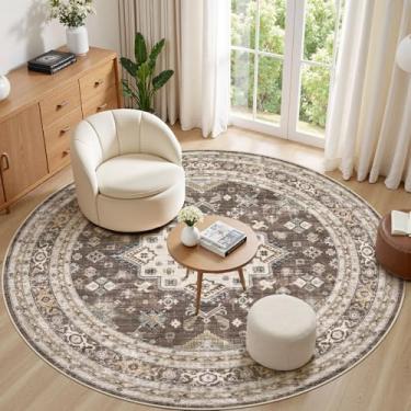 Imagem de Tapete redondo vintage para sala de estar de 2,4 m - 20 x 20 cm grande macio lavável oriental tradicional envelhecido tapetes de casa de fazenda para quarto - tapete de piso interno para decoração de