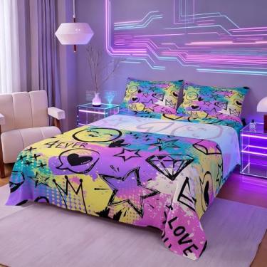 Imagem de Jogo de lençol Queen com desenho de graffiti, estampa geométrica em aquarela, para decoração de quarto de meninos, meninas e adolescentes, coroa de estrela lilás roxa 4 peças (elástico + plano + 2