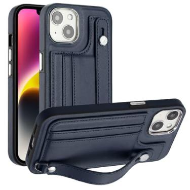 Imagem de Capa de telefone com pulseira de couro para iPhone 14 13 12 11 Pro Max XS X XR SE 2020 2022 7 8 Plus com capa protetora de suporte de cartão, azul, para iPhone 7Plus (8Plus)