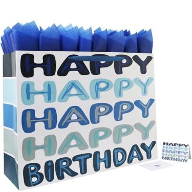 Imagem de Qirrmiy Conjunto de sacolas de presente de feliz aniversário azul extra grande 78 x 58 cm com alças, cartão comemorativo, papel de seda e adesivos, grande bolsa de presente grande para homens, meninos