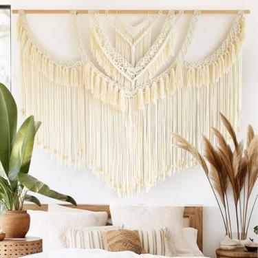 Imagem de Tapeçaria de parede de macramê grande Boho feita à mão corda de algodão trançado decoração de parede para sala de estar, quarto, apartamento, casamento ou festa, pano de fundo 118 cm L x 99 cm C