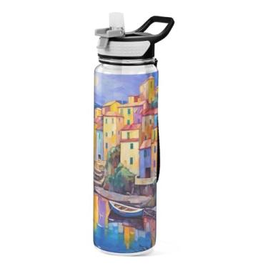 Imagem de Burbuja Garrafa de água Village Painting de 940 ml com tampa de palha, à prova de vazamento e livre de BPA para academia, esportes ao ar livre