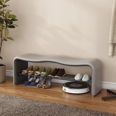 Imagem de Sapateira de 2 níveis com assento acolchoado acolchoado, banco moderno de armazenamento de sapatos de metal para entrada, sala de estar, quarto, corredor - cinza claro, 78,7 cm - armário organizador