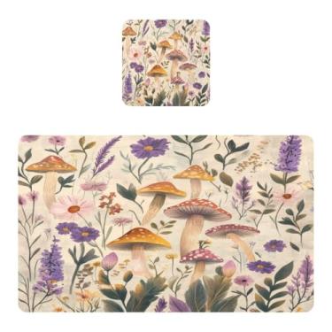 Imagem de Burbuja Jogo americano vintage de flores de cogumelo, conjunto de 4 para mesa de jantar, tapetes de mesa de cozinha de PVC à prova d'água, antiderrapantes e resistentes ao calor, fáceis de limpar, 30