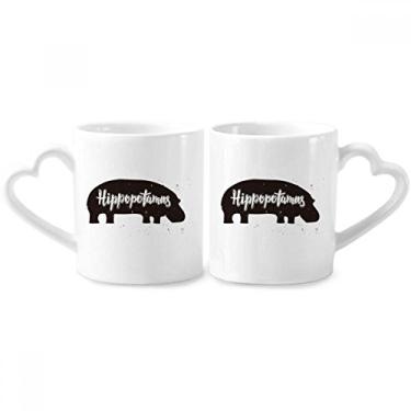 Imagem de Hipopótamo Conjunto de canecas de porcelana para casais de animais preto e branco com alça de coração
