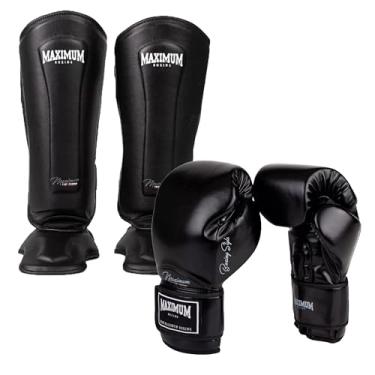 Imagem de Kit Caneleiras e Luvas Boxe Muay Thai Kickboxing Classic Maximum Black (LUVA 14oz + CANELEIRA P)