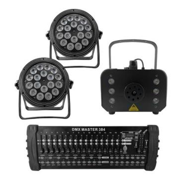 Imagem de Kit 2 Par Led Slim + Máquina De Fumaça 1200W + Mesa Dmx 384 - Sanyi Li