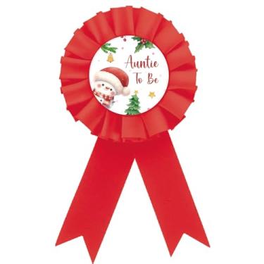 Imagem de Broche de crachá Christmas Auntie To Be, boneco de neve Best Aunt Ever botão, roseta vermelha inverno país das maravilhas broche de chá de bebê para mulheres, botões de broche de Natal para revelação