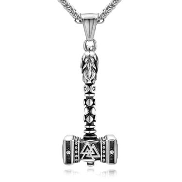 Imagem de Oaldilee Colar masculino nórdico viking Mjolnir Thor martelo para homens, pingente de amuleto nórdico Valknut banhado a ouro 18 quilates de aço inoxidável com corrente de trigo, caixa de presente, Aço