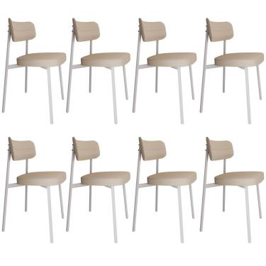Imagem de Kit 08 Cadeiras Estofada Para Sala De Jantar Astrid Branco C01 Linho Areia - Lyam Decor