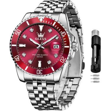 Imagem de Relógio OLEVS casual para homens vermelho com mostrador grande em aço 