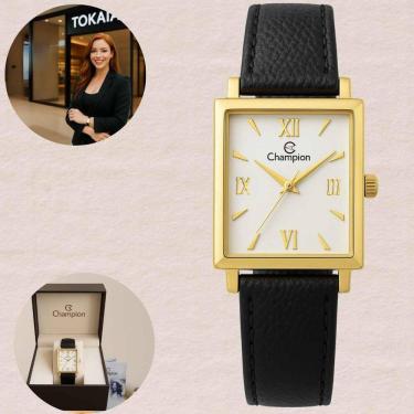Imagem de Relógio Champion Social Quartz CH20208J Feminino Caixa Dourada Mostrador Branco Pulseira Couro Preto Resistente Água 3 ATM