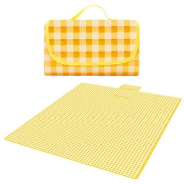 Imagem de Toalha Piquenique, Esteira de Praia Dobrável Impermeável Piquenique, para Praia, Camping, Festa Na Grama, 200x200cm, à Prova D'água e de Umidade(Amarelo Grelha)