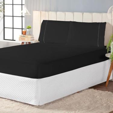 Imagem de Jogo de Lençol 400 Fios, 3 Peças com Elástico e Fronhas, Tamanhos Solteiro a King, 100% Poliéster (Preto, Queen 03 Peças)