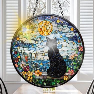 Imagem de VAIIEYO Enfeite para pendurar na janela de vitral de gato preto, apanhador de sol feito à mão com ganchos para janela, jardim, casa, presente de inauguração de casa de Natal e aniversário (19,8 cm)