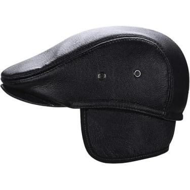 Imagem de Boné Plano Chapéus Boina Jornaleiro Chapéu Com Aba De Orelha, Boné De Couro Vintage Unissex Boné De Condução Irlandês Ajustável Em Couro, Black, 57-58