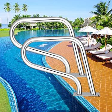 Imagem de Trilho de mão para piscina de montagem fácil, corrimão de piscina de 81 x 58 cm com estrutura curva e acessórios de montagem completos trilho de piscina para entradas de rampa (prata, 2 peças)