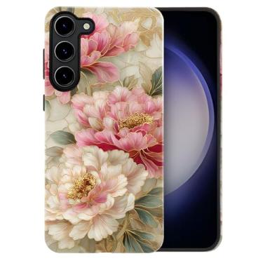 Imagem de heindiy Compatível com Samsung Galaxy S23, capa brilhante proteção completa à prova de choque anti-arranhões capa de TPU, capas para homem mulher - estilo vintage peônia flores vitrais