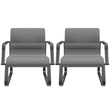 Imagem de Kit 02 Cadeiras De Escritório Recepção Fixa Pés Preto Lev P03 Vinil Cinza - Lyam Decor