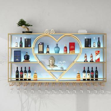 Imagem de HGTRH Rack de vinho montado na parede com suporte de vidro, rack de vinho de barra de ferro com luz LED, prateleira de garrafa de vinho multifuncional para armazenamento multifuncional, suporte de
