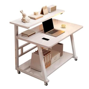 Imagem de HGTRH Mesa de suporte para sentar, mesa de computador com rodas de freio, rack de armazenamento de 3 camadas, mesa de mesa dupla, design de arco, pequena mesa rolante, estação de trabalho para